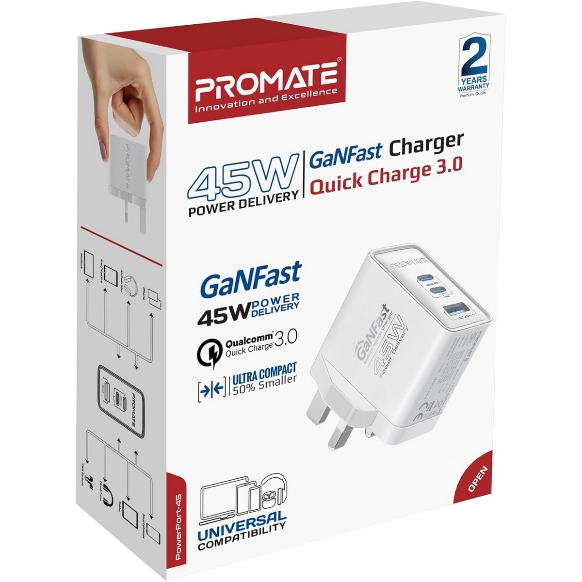 Promate 45W GaNFast Multi-Regional Multi-Port Wall Charger