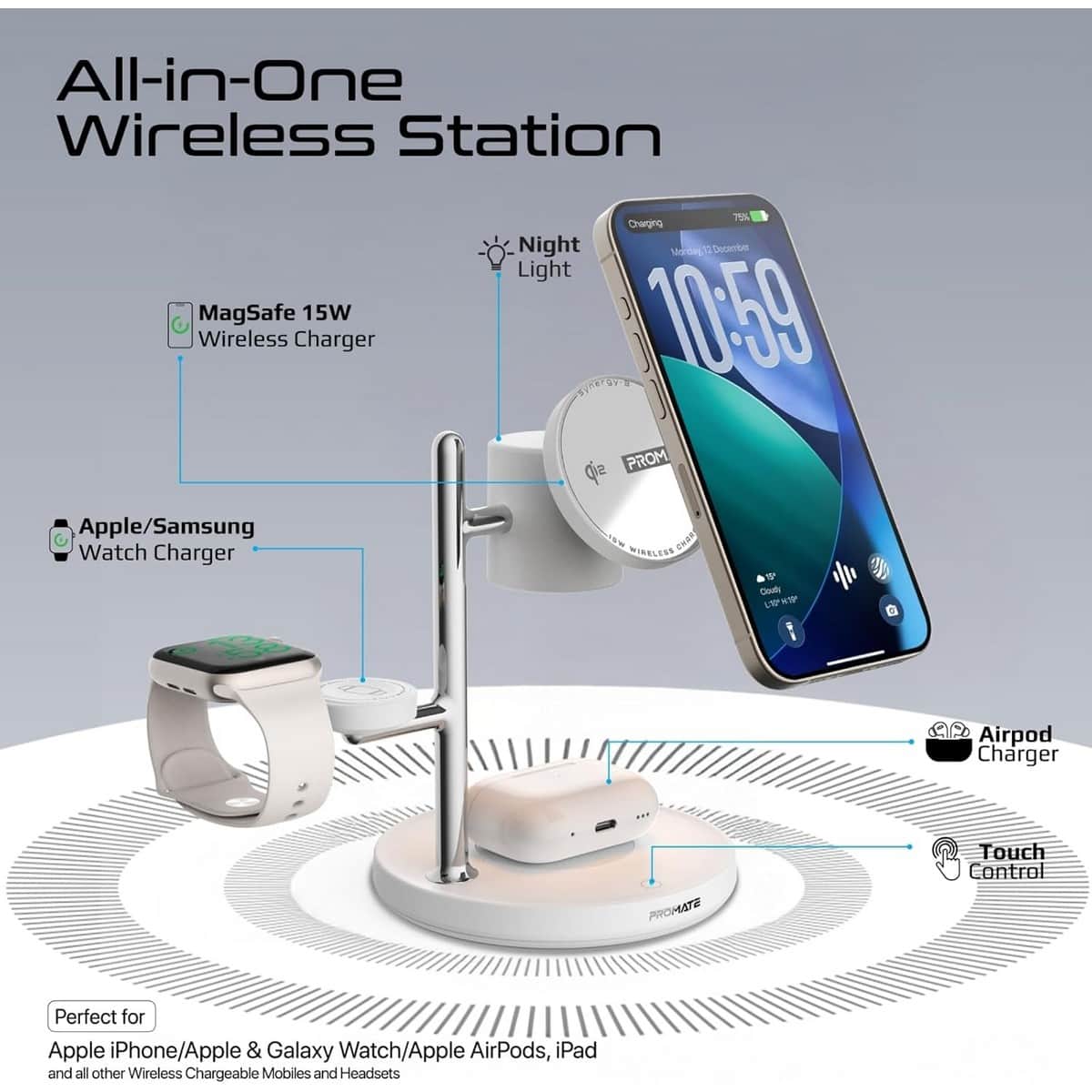 Promate 4-in-1 Qi2 Fast Wireless Charging Dock
