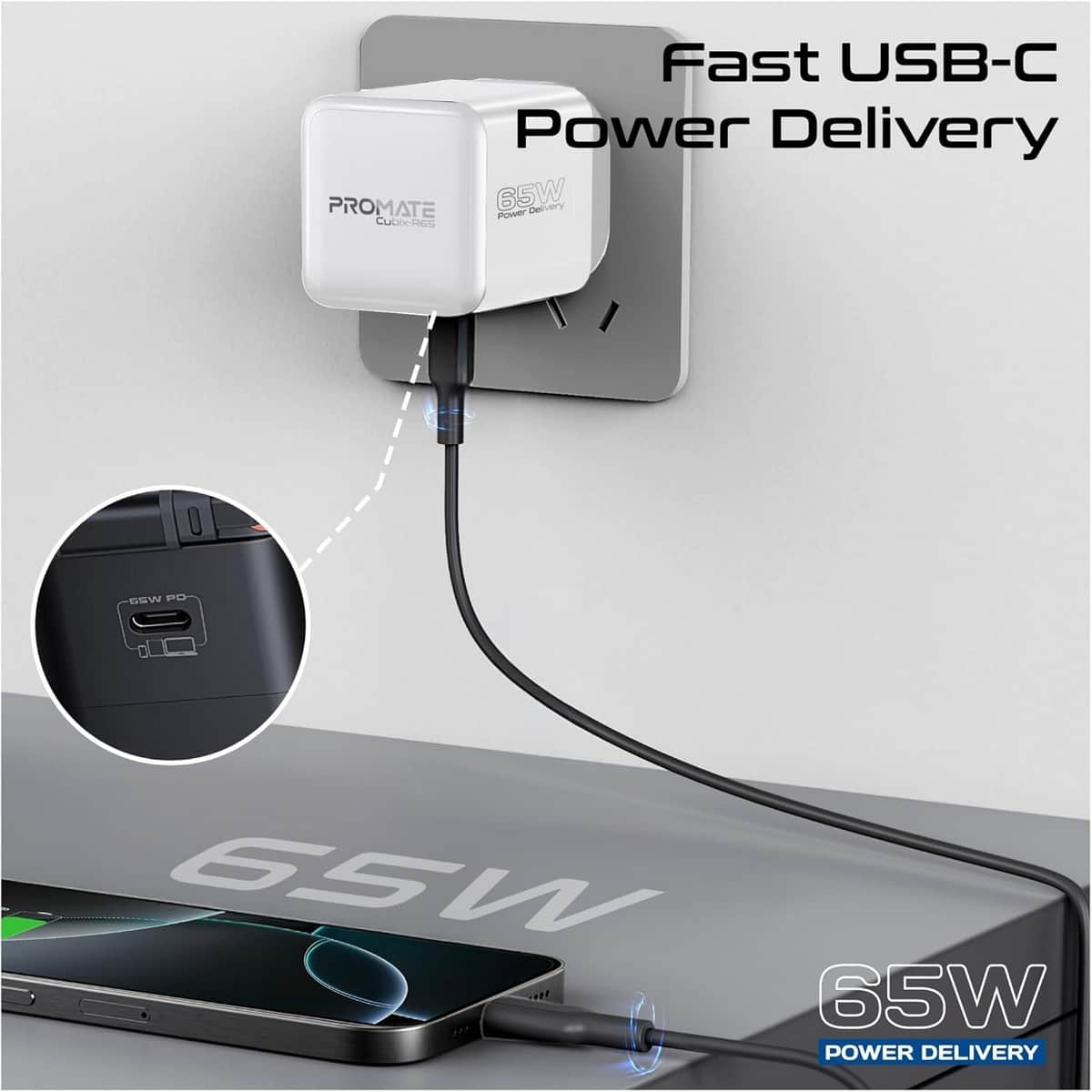 بروميت شاحن GaNFast بقدرة 65 واط مع كابل USB-C قابل للسحب