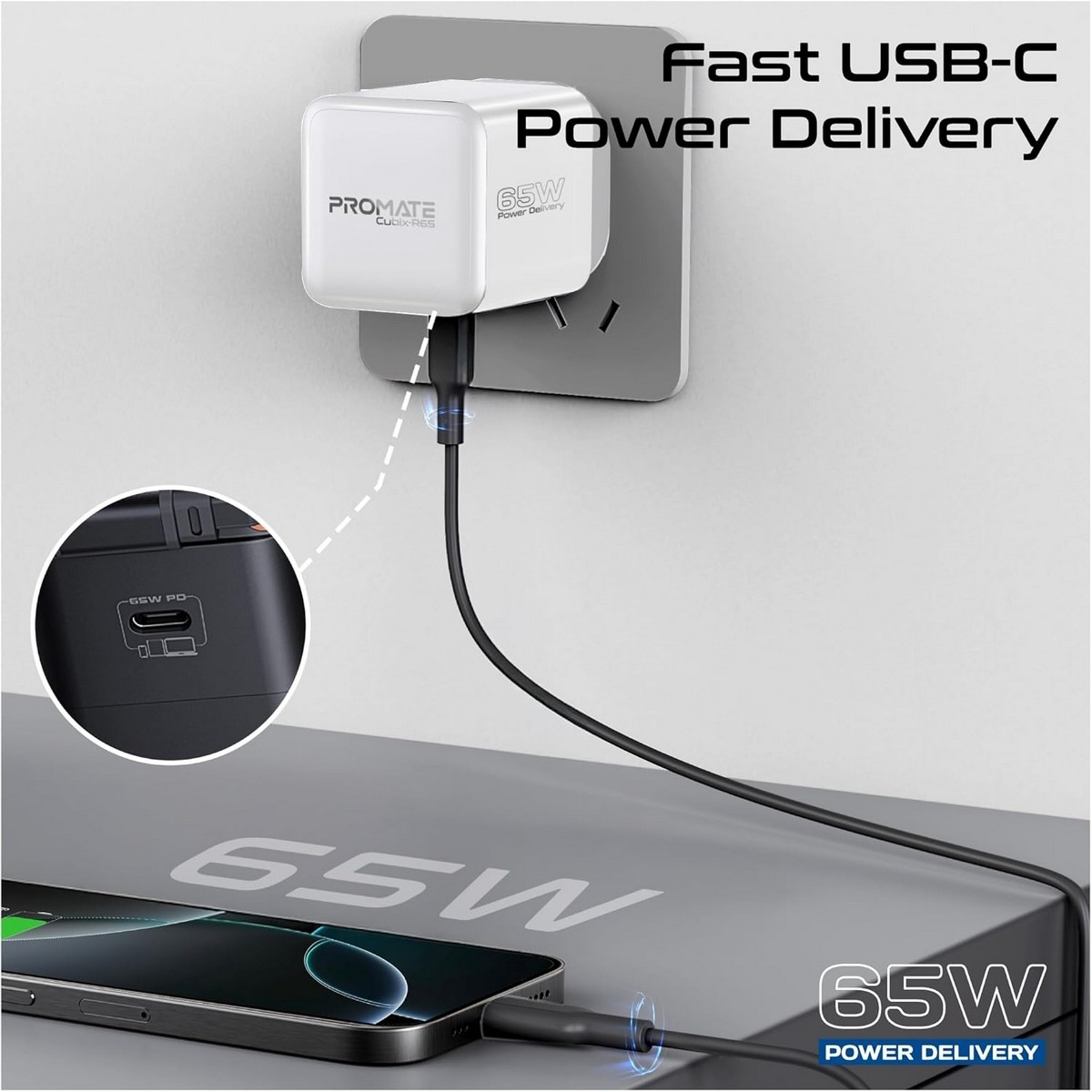 Promate 65W GaNFast Charger with Retractable USB-C Cable