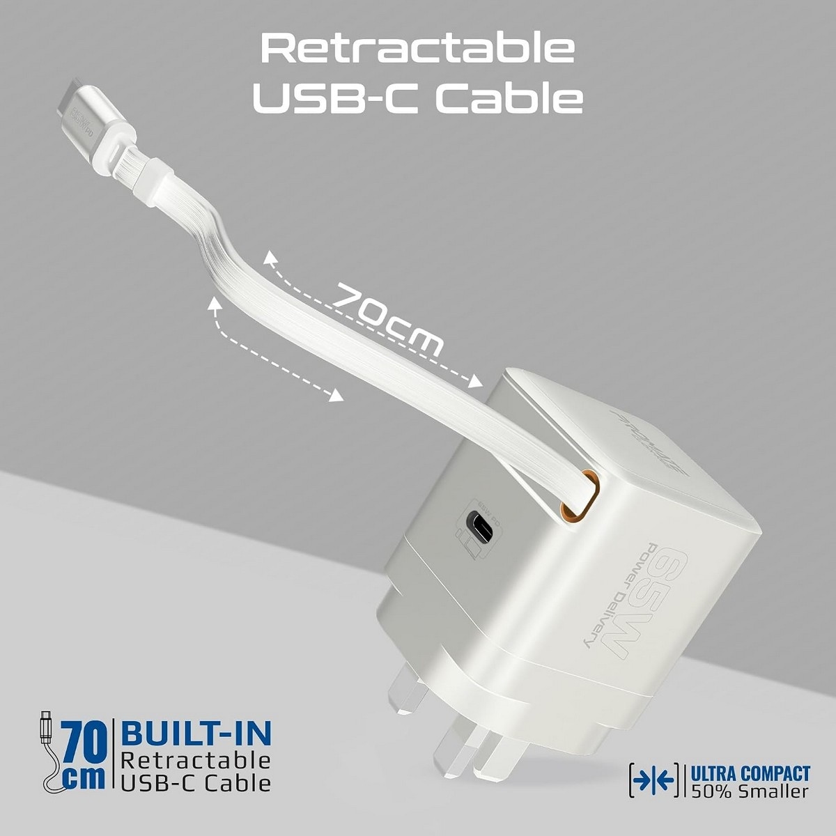 Promate 65W GaNFast Charger with Retractable USB-C Cable