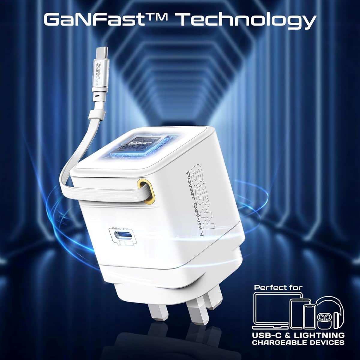 بروميت شاحن GaNFast بقدرة 65 واط مع كابل USB-C قابل للسحب