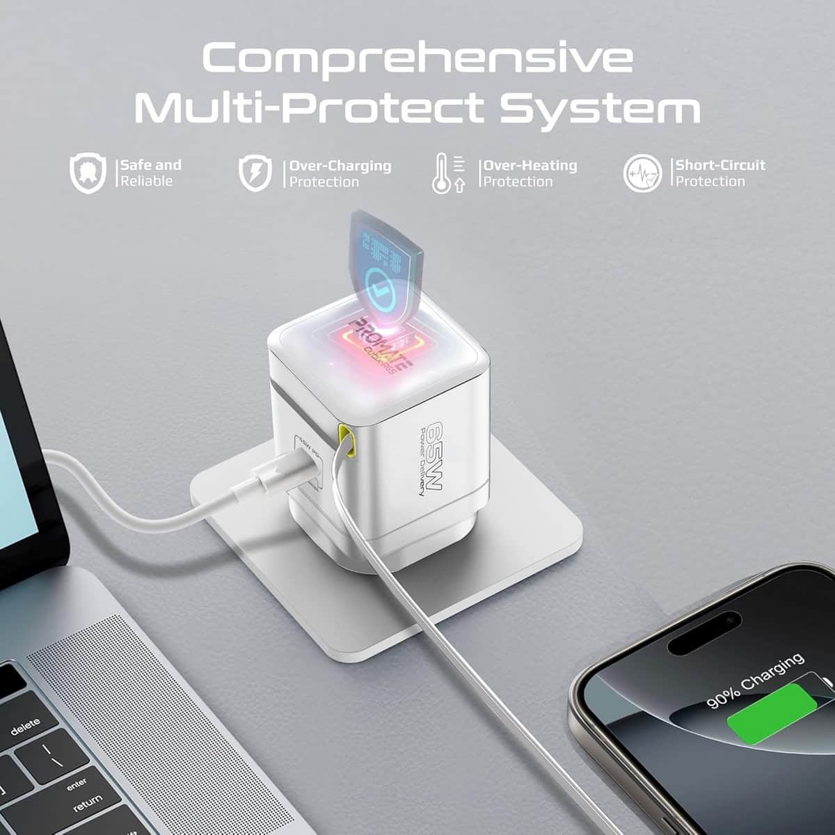 بروميت شاحن GaNFast بقدرة 65 واط مع كابل USB-C قابل للسحب