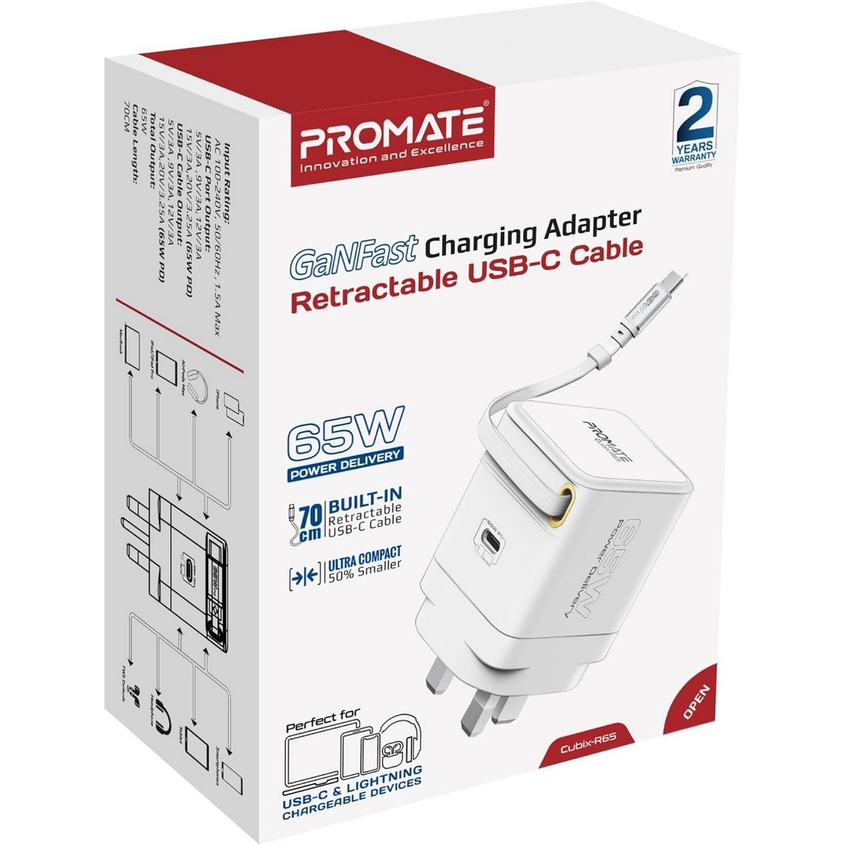 Promate 65W GaNFast Charger with Retractable USB-C Cable