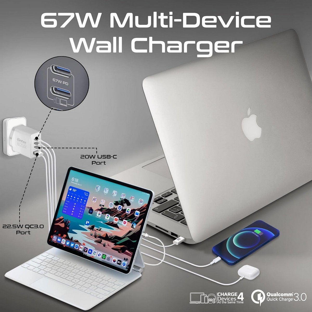بروميت شاحن جداري GaN مزدوج USB-C بقدرة 67 واط
