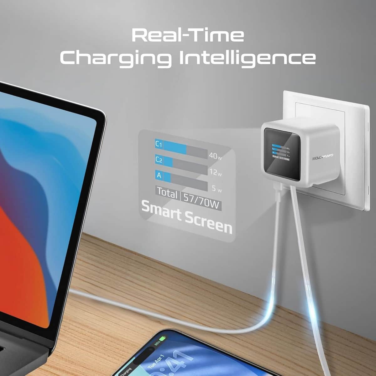 بروميت شاحن جداري GaNFast بقدرة 70 واط مع كابل USB-C قابل للسحب وشاشة TFT