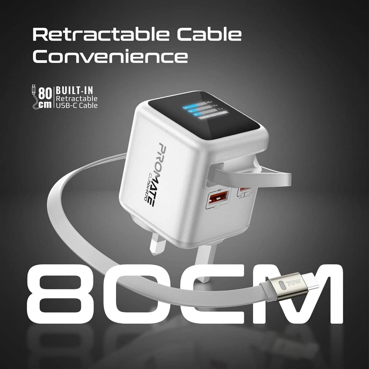 بروميت شاحن جداري GaNFast بقدرة 70 واط مع كابل USB-C قابل للسحب وشاشة TFT