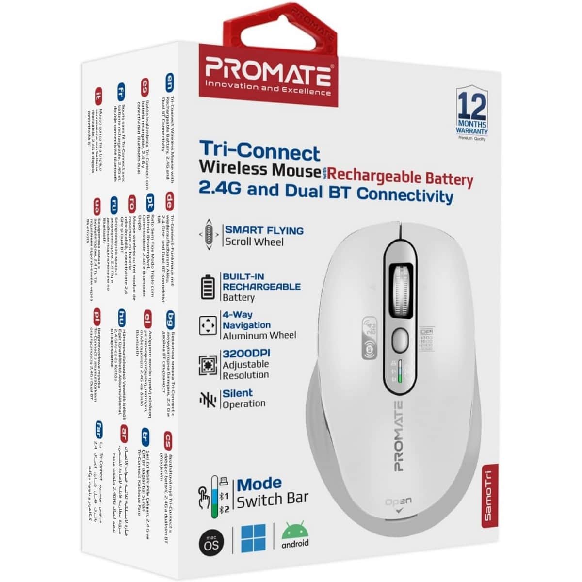 Promate SamoTri Triple Mode Wireless Mouse with Flying Scroll Wheel