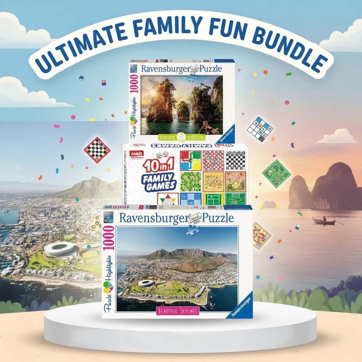 Ravensburger Three Rocks in Cheow & Cape Town Puzzle with Ankit Toys Family Board Game Bundle Unisex, 13+ Years