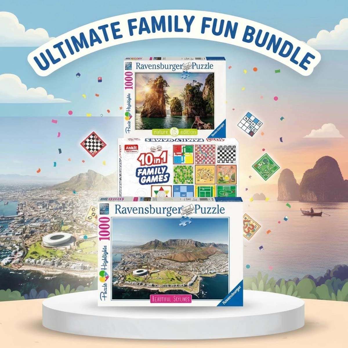 Ravensburger Three Rocks in Cheow & Cape Town Puzzle with Ankit Toys Family Board Game Bundle Unisex, 13+ Years