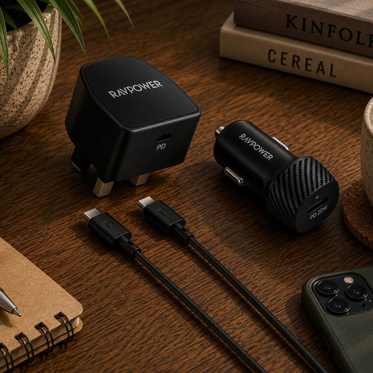RAVPower 3-in-1 Wall & Car Charger with Cable Set