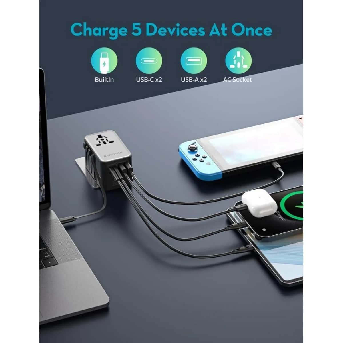 راف باور شاحن سفر 6 في 1 مع طقم كابل USB-C مدمج