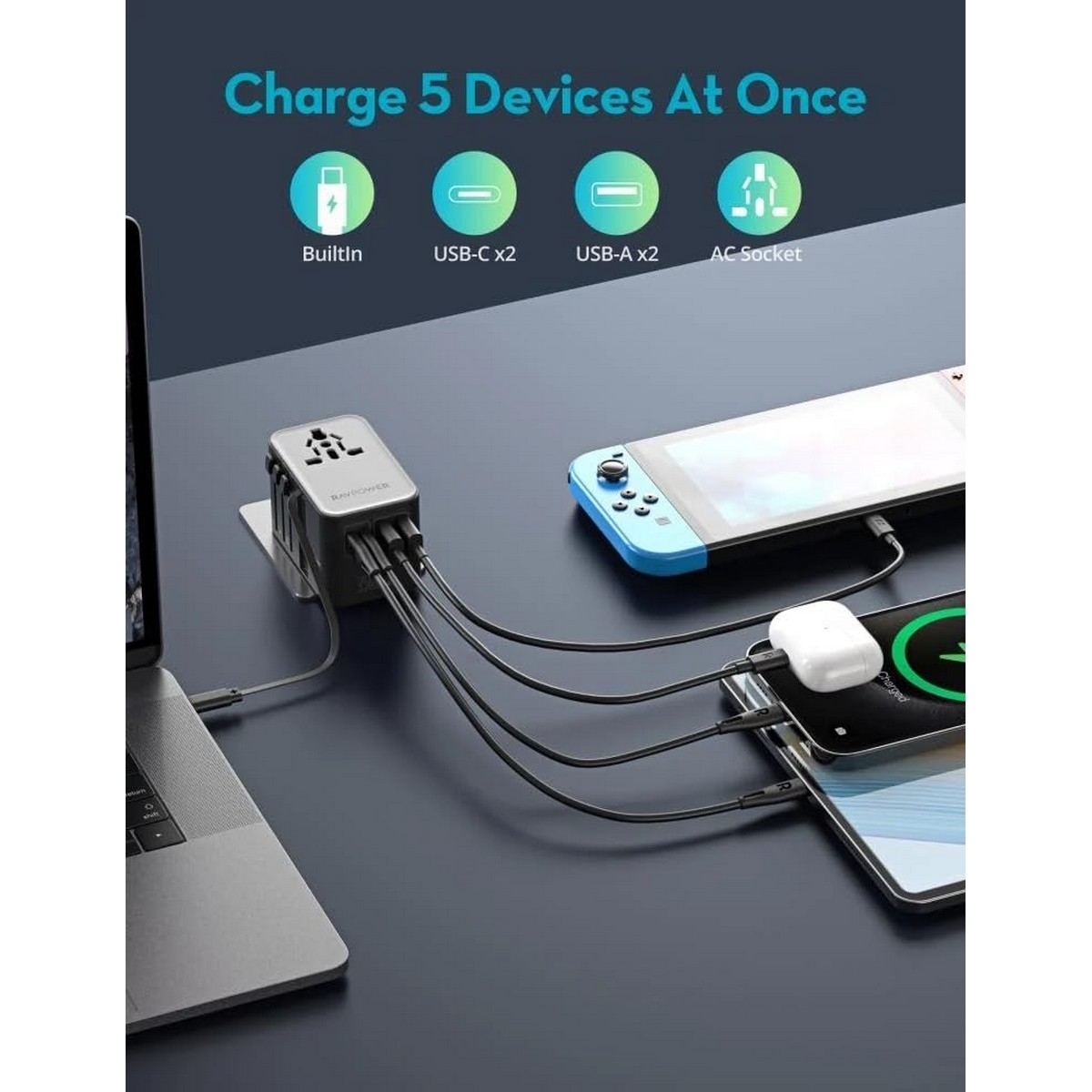 راف باور شاحن سفر 6 في 1 مع طقم كابل USB-C مدمج