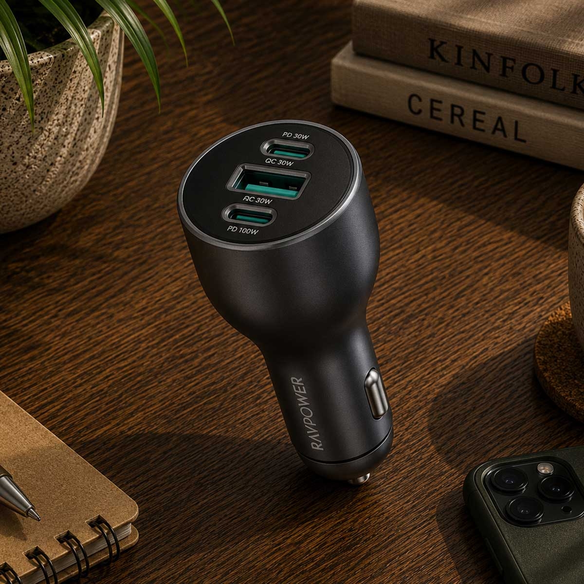 RAVPower Grey PD 100W 3-Port Car Charger