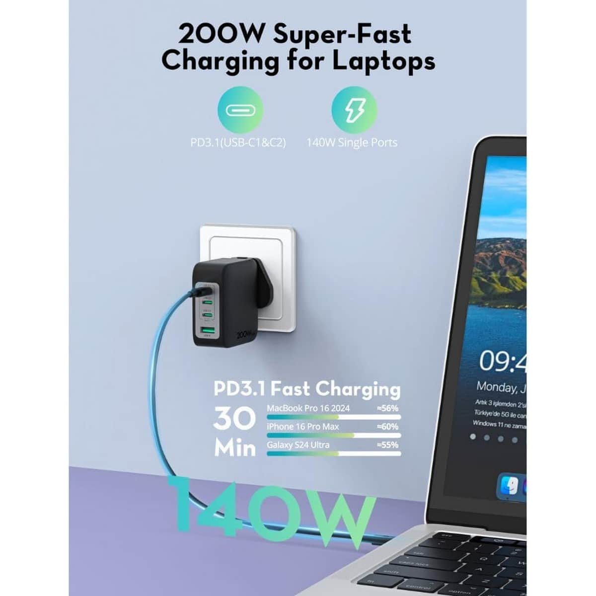 راف باور بي دي بايونير شاحن حائط 4 منافذ USB-C وUSB-A بقدرة 200 واط