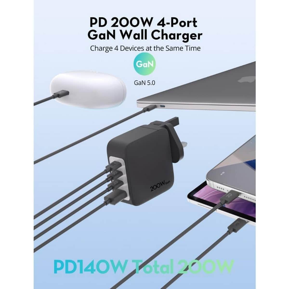 راف باور بي دي بايونير شاحن حائط 4 منافذ USB-C وUSB-A بقدرة 200 واط