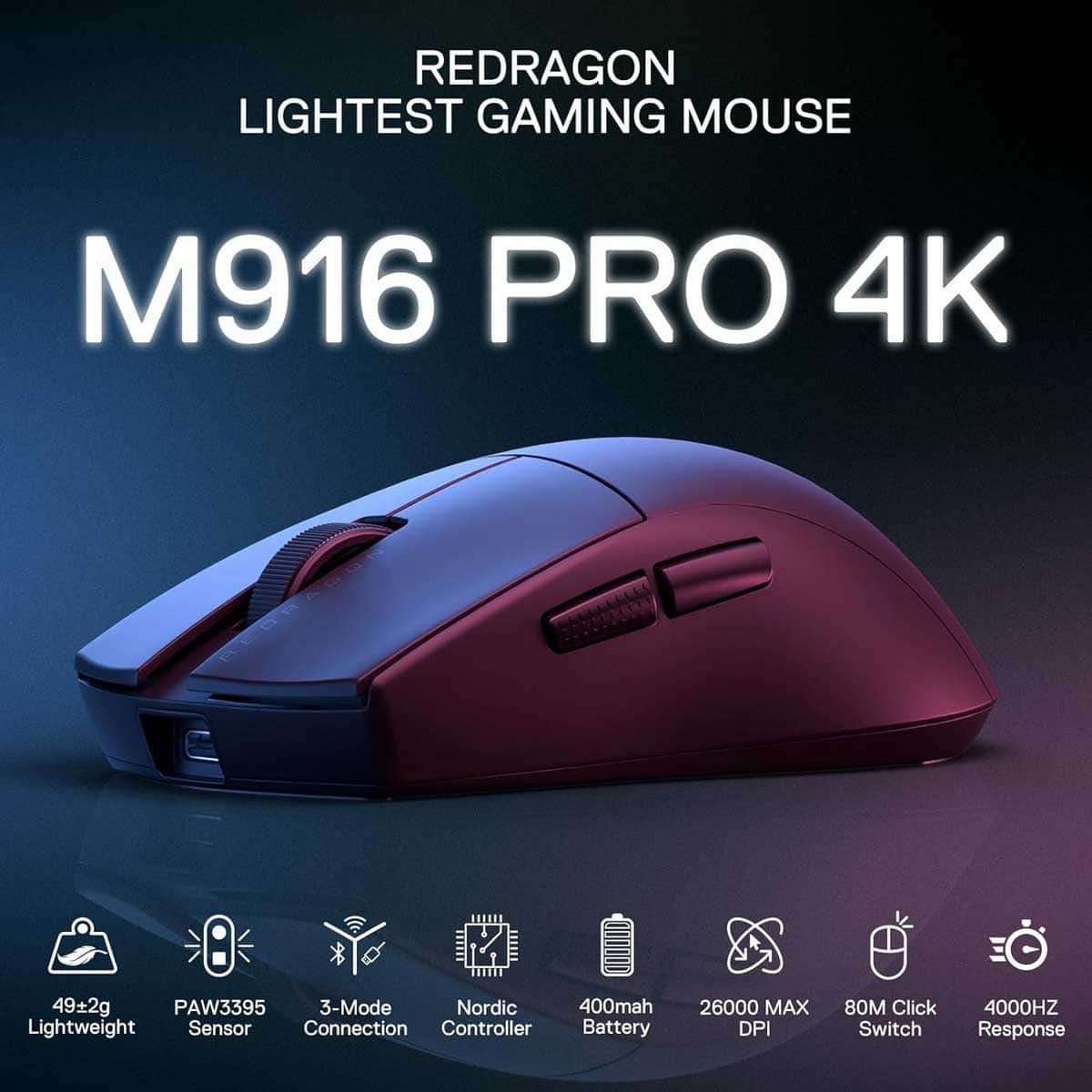 Redragon Black M916 PRO 4K 3-Mode Wireless Gaming Mouse