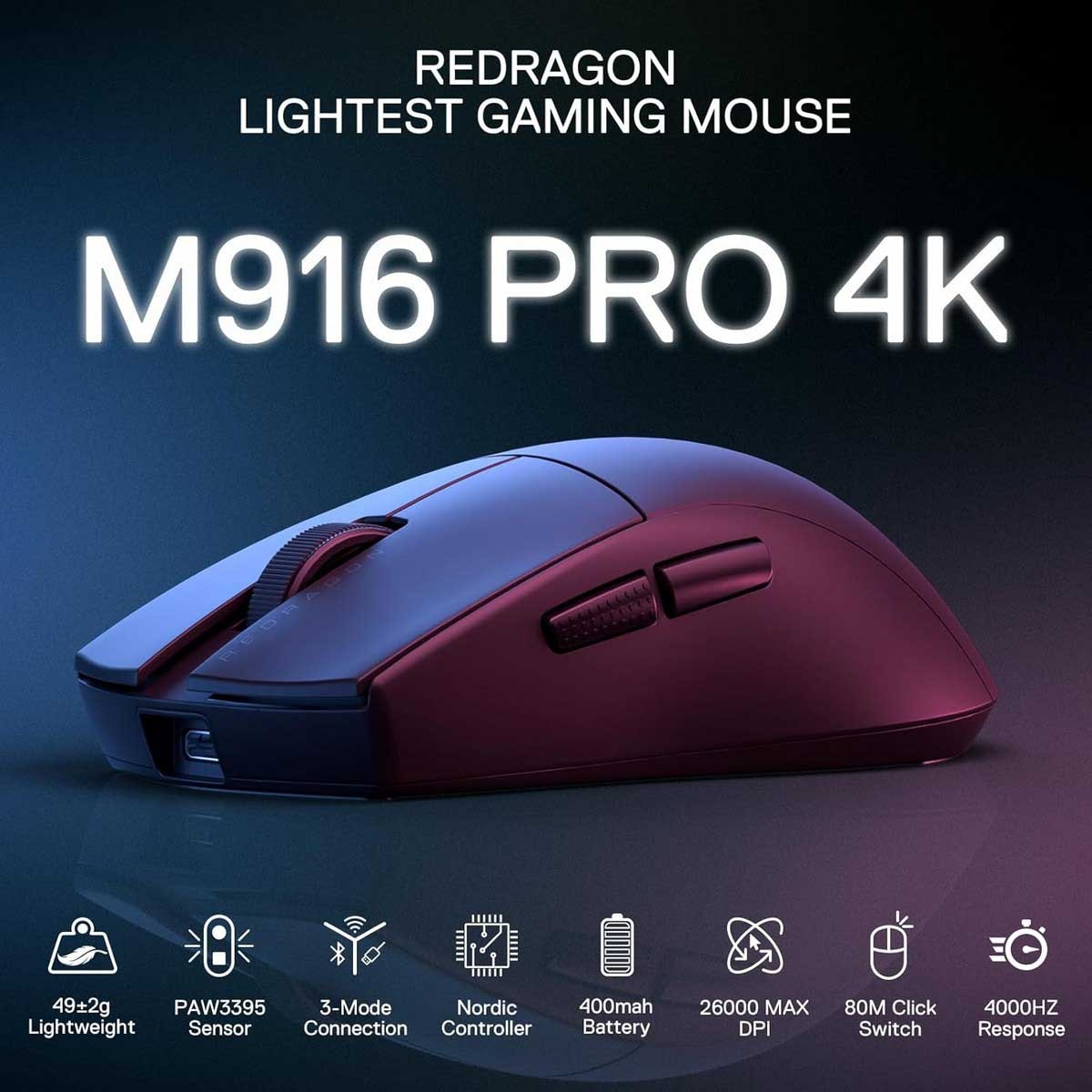 Redragon Black M916 PRO 4K 3-Mode Wireless Gaming Mouse