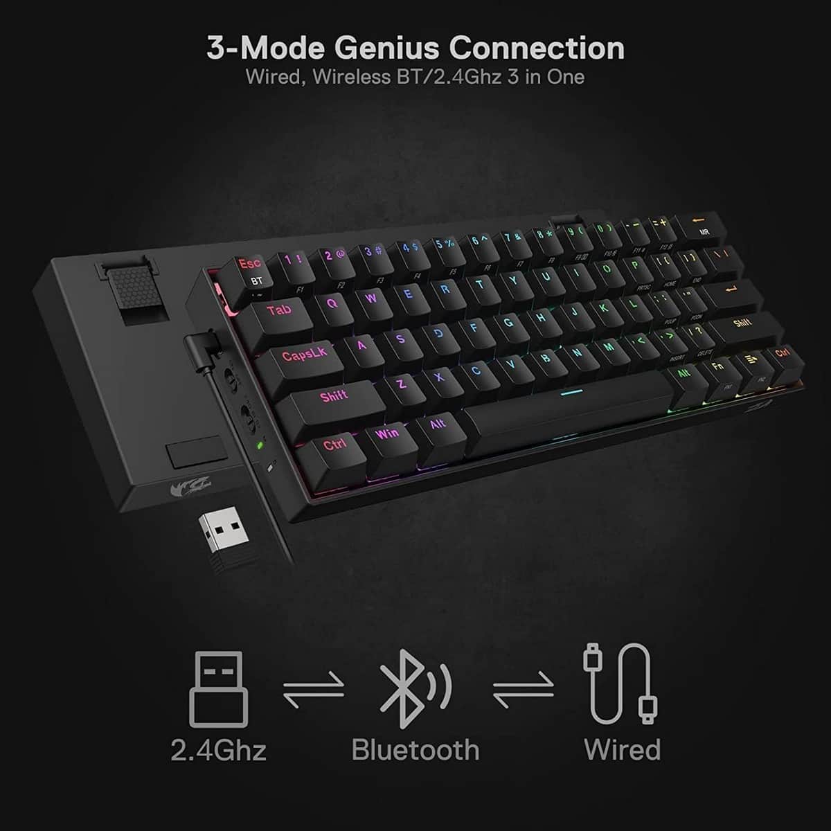 Redragon Draconic K530 PRO 60% Compact Brown Switch RGB Wireless Mechanical Gaming Keyboard