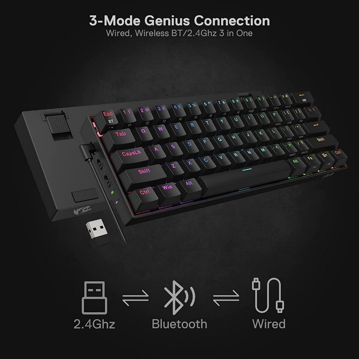 Redragon Draconic K530 PRO 60% Compact Brown Switch RGB Wireless Mechanical Gaming Keyboard