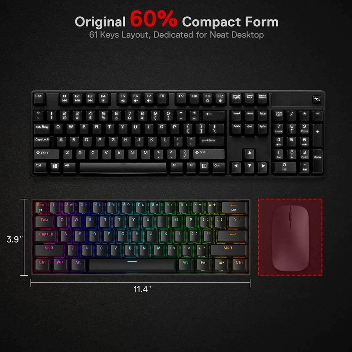 Redragon Draconic K530 PRO 60% Compact Brown Switch RGB Wireless Mechanical Gaming Keyboard