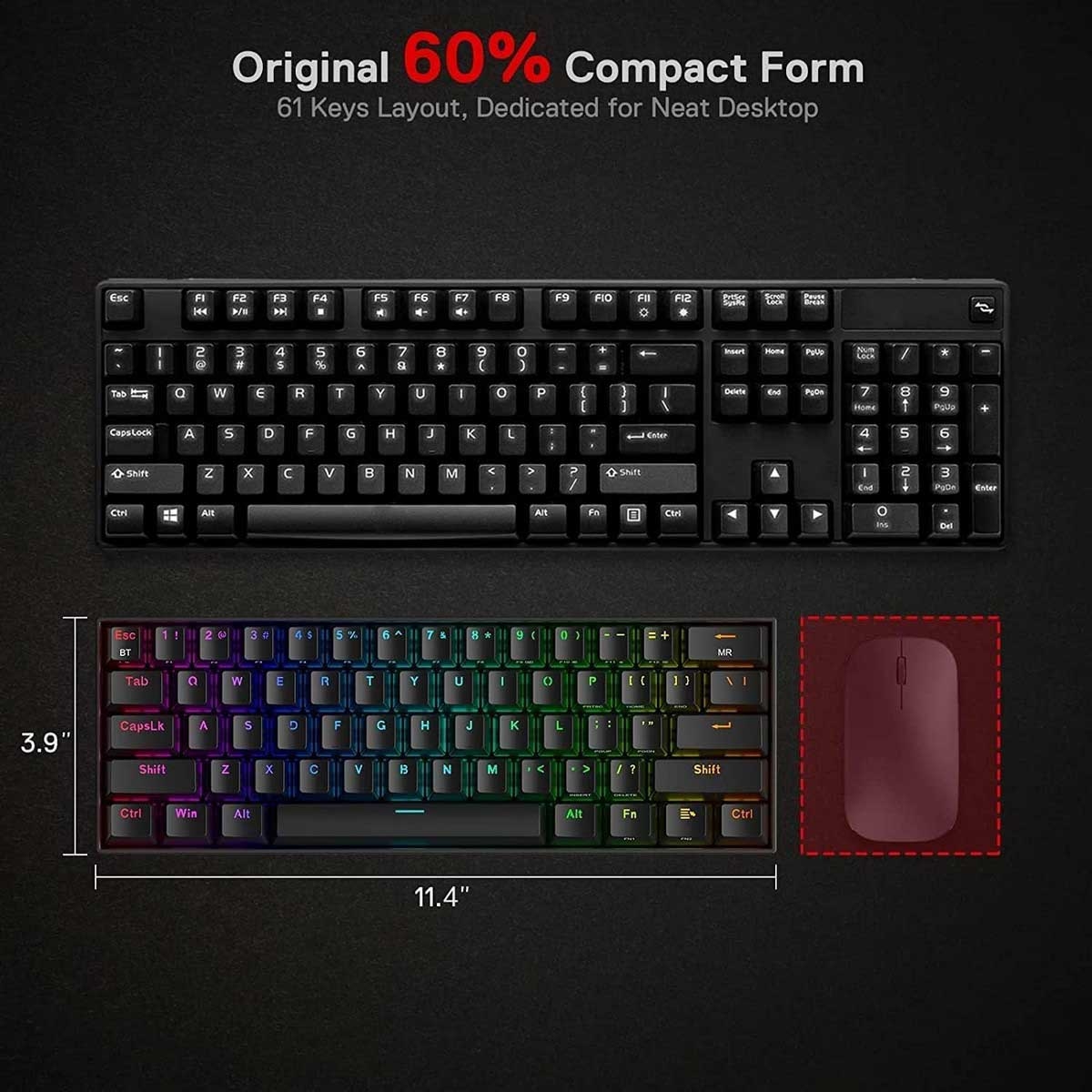 Redragon Draconic K530 PRO 60% Compact Brown Switch RGB Wireless Mechanical Gaming Keyboard