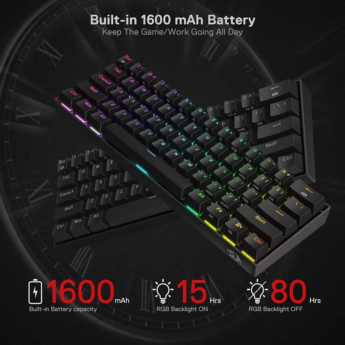 Redragon Draconic K530 PRO 60% Compact Brown Switch RGB Wireless Mechanical Gaming Keyboard