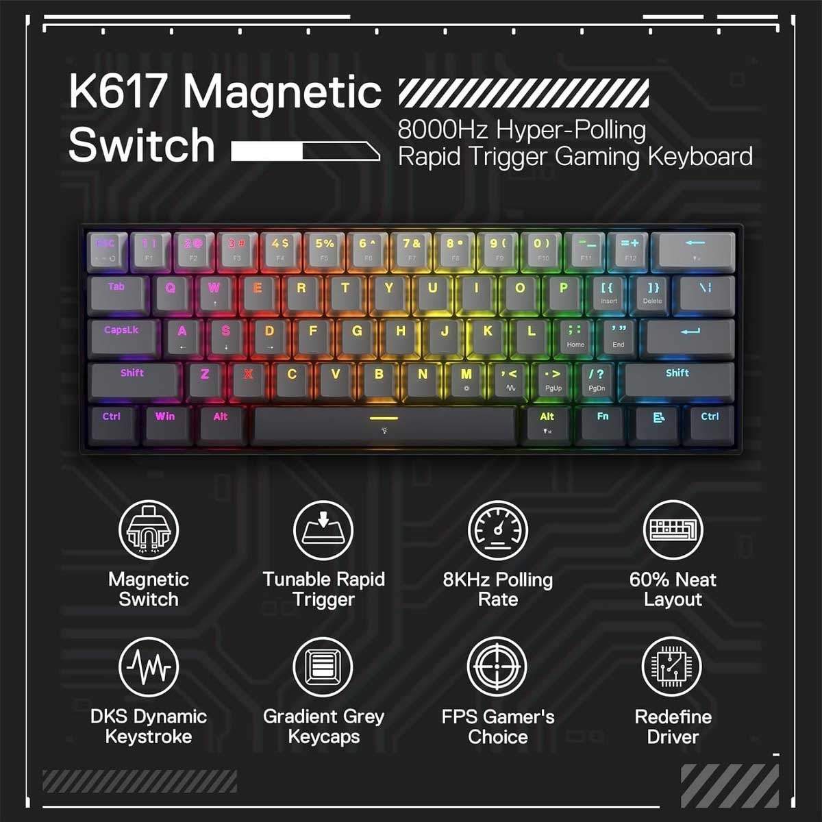 Redragon Fizz K617GGB 60% 8K Magnetic Switch RGB Wired Mechanical Gaming Keyboard