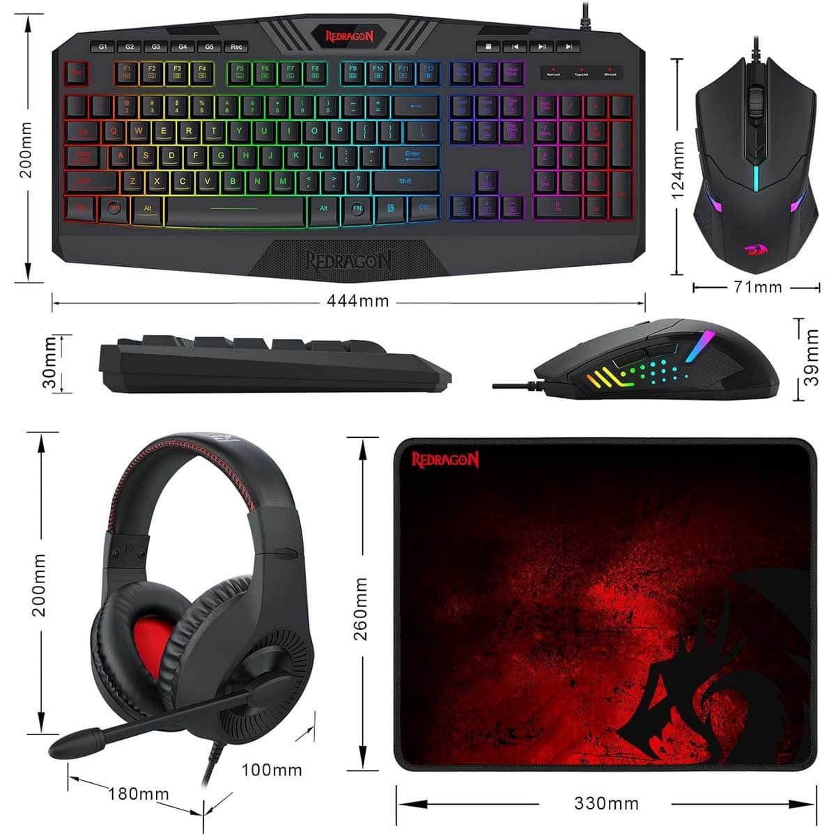 Redragon S101 Wired Gaming Keyboard, Mouse, Mouse Pad & Headset Bundle Set