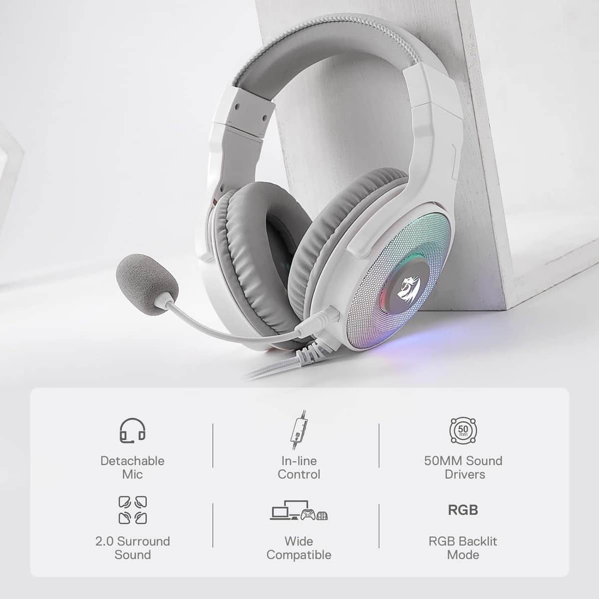 Redragon White Pandora Virtual 7.1 RGB Wired Gaming Headset