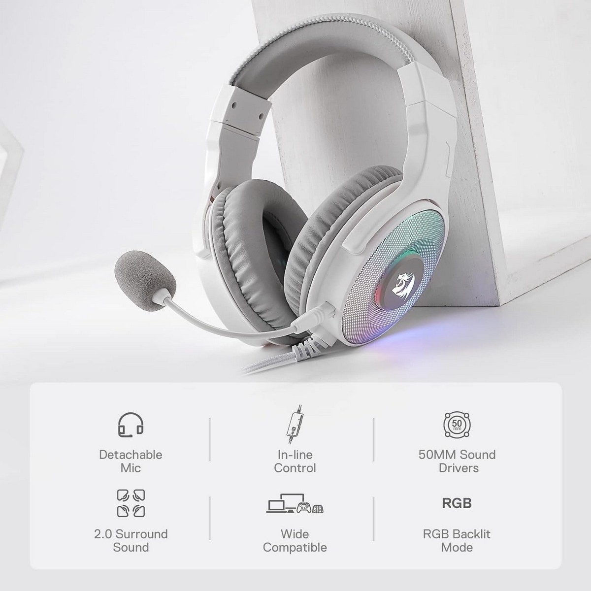 Redragon White Pandora Virtual 7.1 RGB Wired Gaming Headset