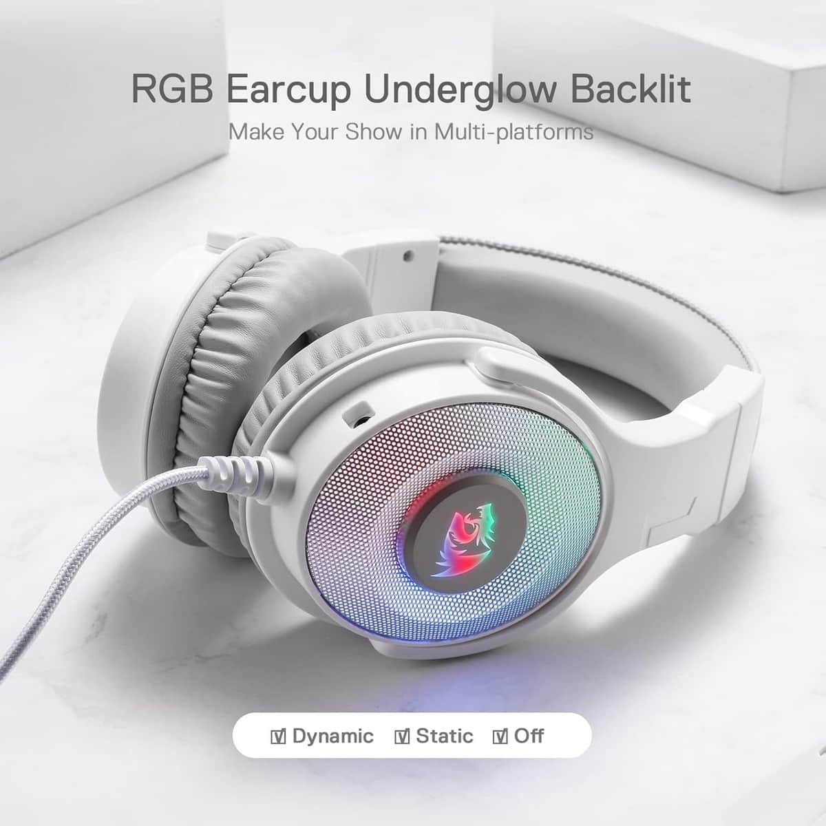 Redragon White Pandora Virtual 7.1 RGB Wired Gaming Headset