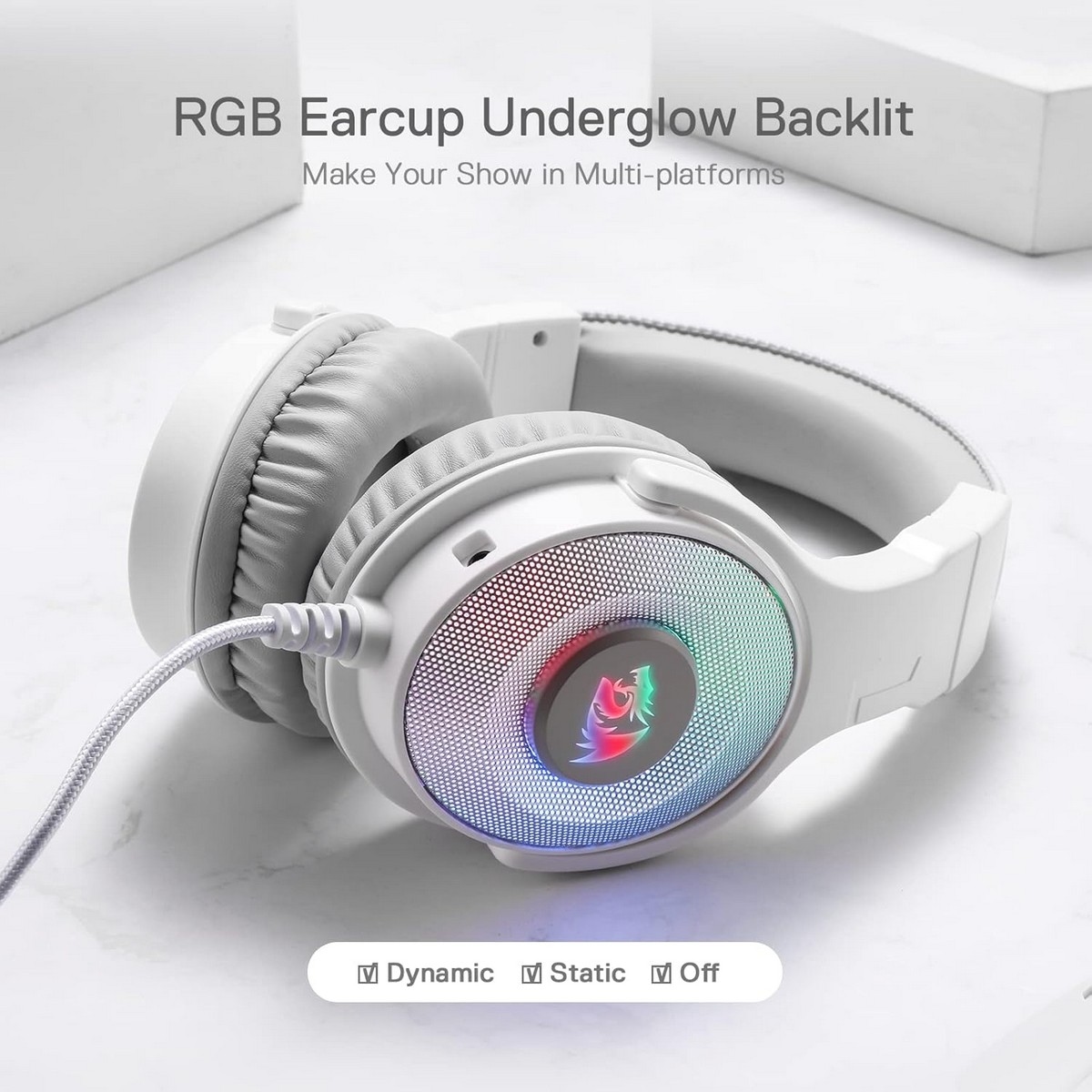 Redragon White Pandora Virtual 7.1 RGB Wired Gaming Headset