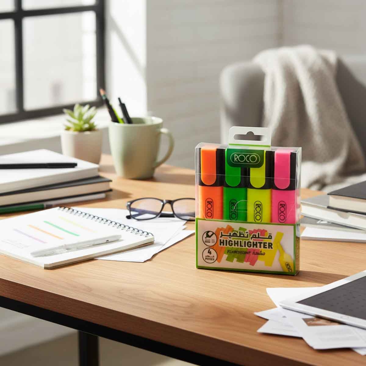 Roco 4-Piece 1.2-5mm Chisel Tip 120 Assorted Color Highlighter Set