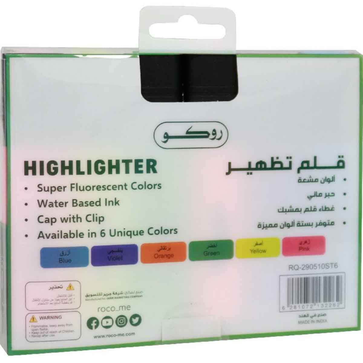 Roco 6-Piece 1.2-5mm Chisel Tip 120 Assorted Color Highlighter Set