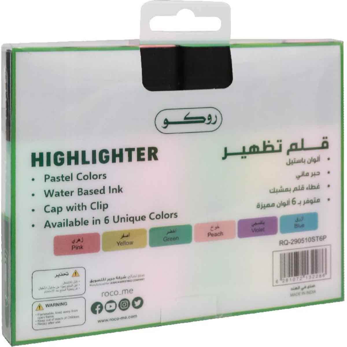 Roco 6-Piece 1.2-5mm Chisel Tip 120 Assorted Pastel Color Highlighter Set