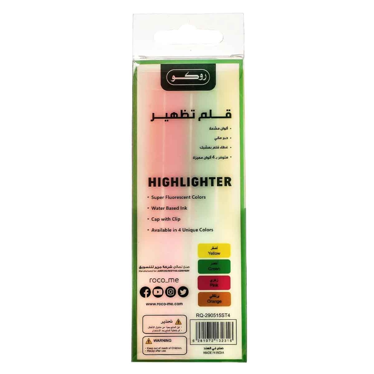 Roco 4-Piece 1-4mm Chisel Tip 130 Slim Assorted Color Highlighter Set