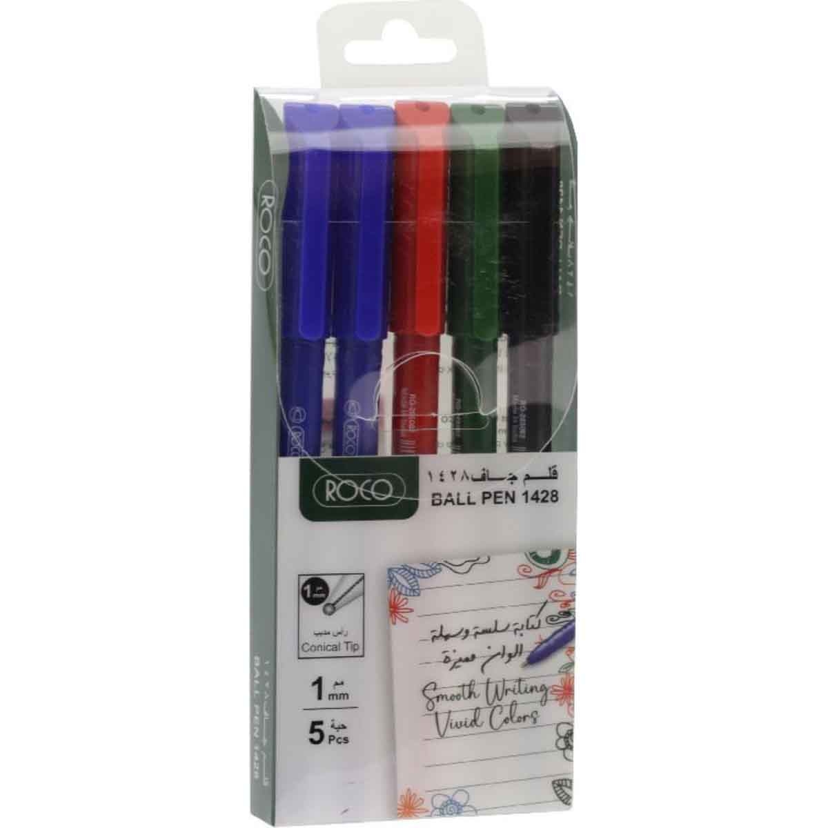 Roco 5-Piece 1mm 1428 Assorted Dry Ink Ballpoint Pen Set