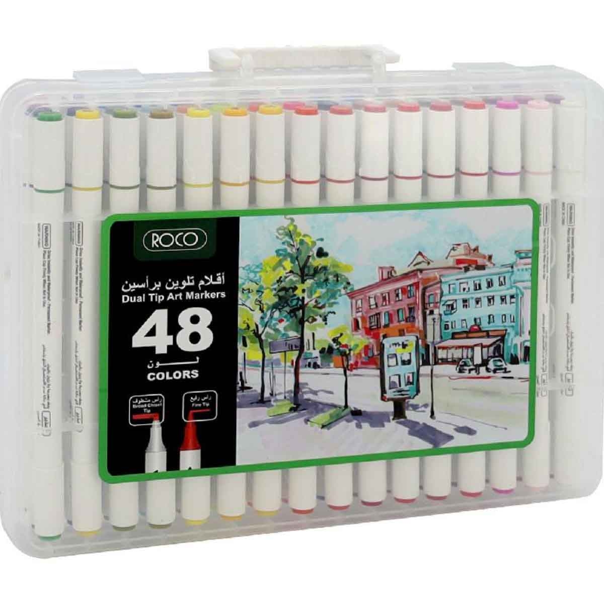روكو مجموعة أقلام رسم فني مزدوجة الطرف ألوان متعددة 48 قطعة