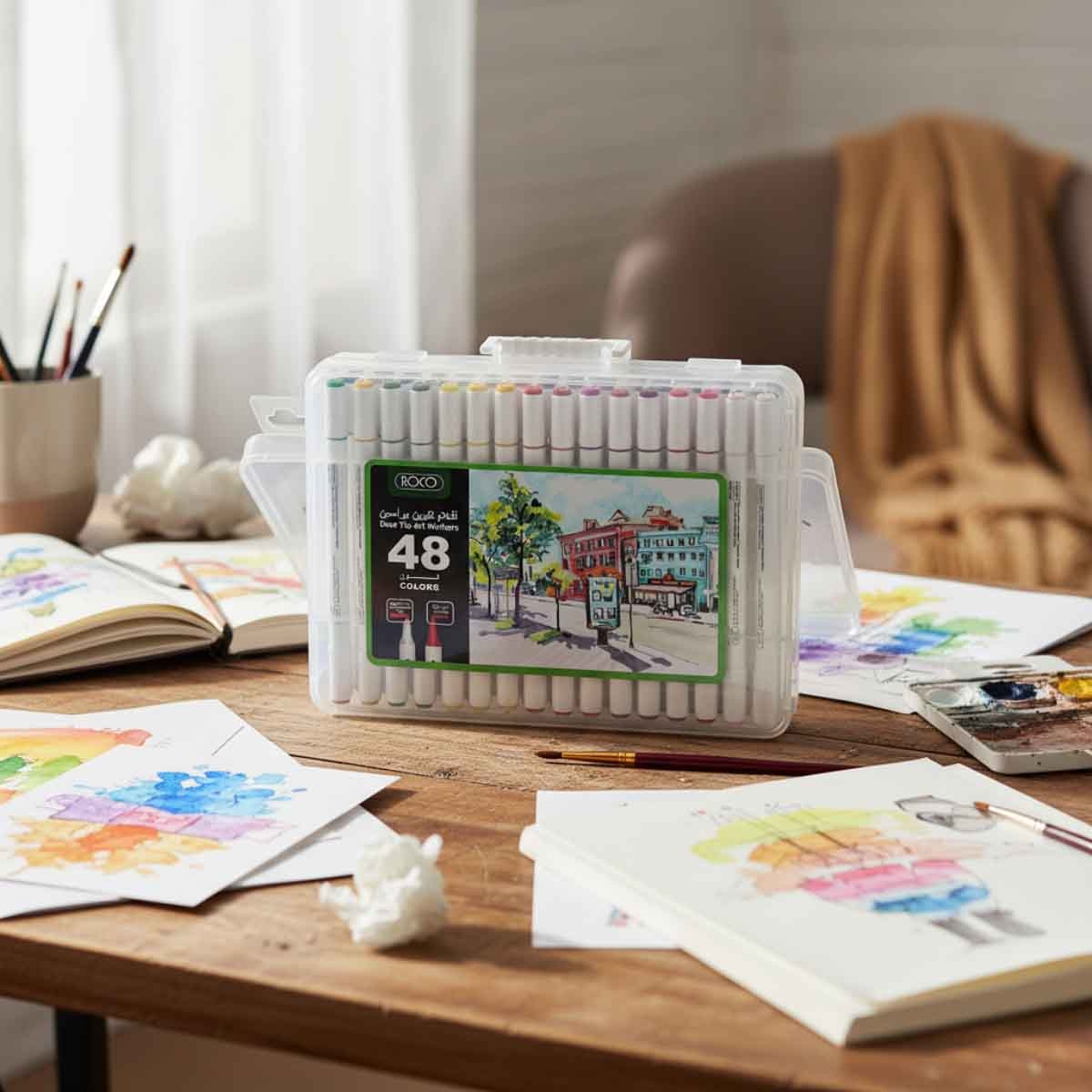 روكو مجموعة أقلام رسم فني مزدوجة الطرف ألوان متعددة 48 قطعة