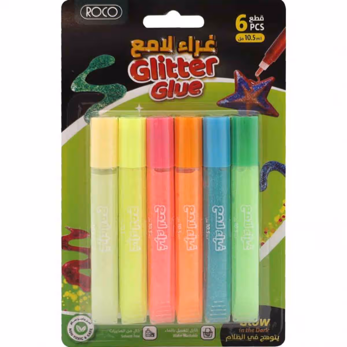 Roco 6-Piece 10.5ml Tube Assorted Glow Glitter Glue Set