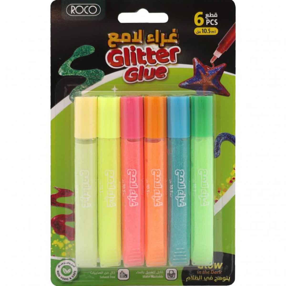 Roco 6-Piece 10.5ml Tube Assorted Glow Glitter Glue Set