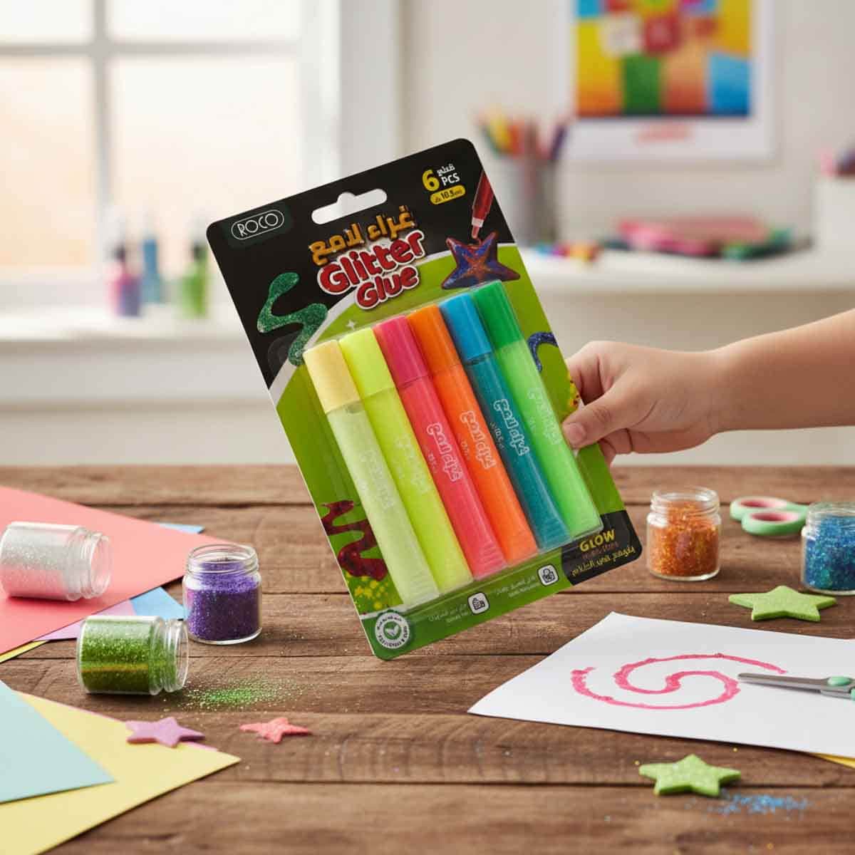 Roco 6-Piece 10.5ml Tube Assorted Glow Glitter Glue Set