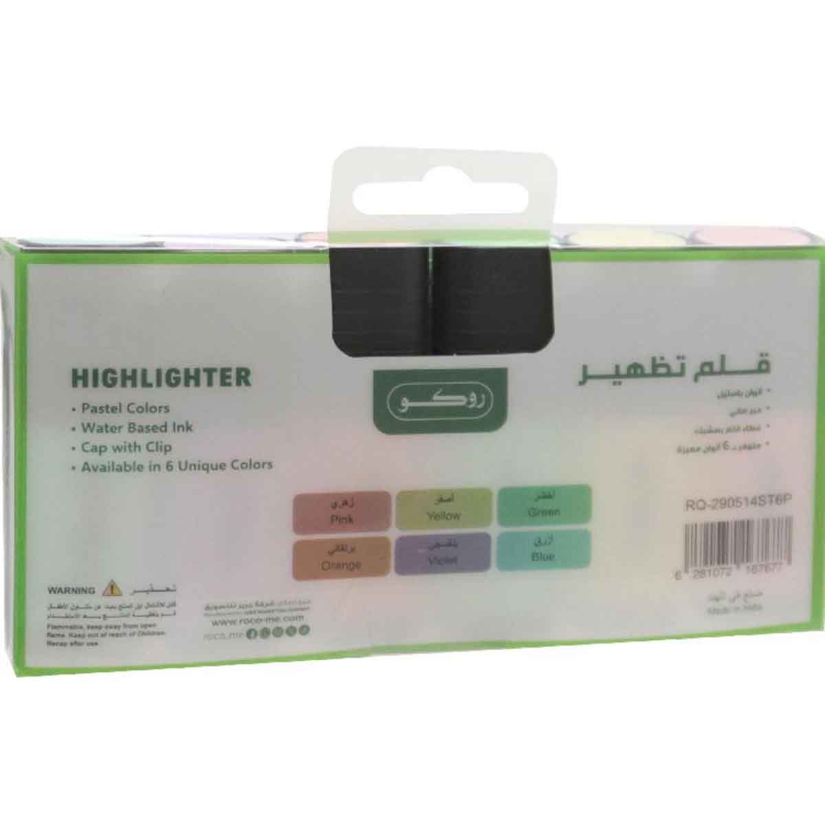 Roco 6-Piece 1.2-3mm Chisel Tip Assorted Pastel Color Highlighter Set