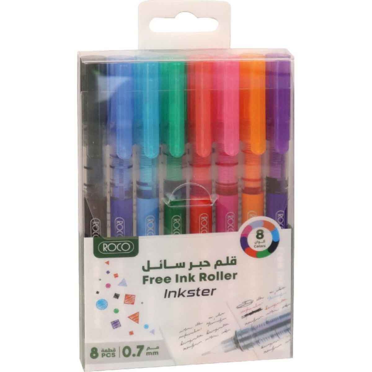 Roco 8-Piece 0.7mm Needle Tip Inkster Assorted Colors Liquid Ink Pen Set