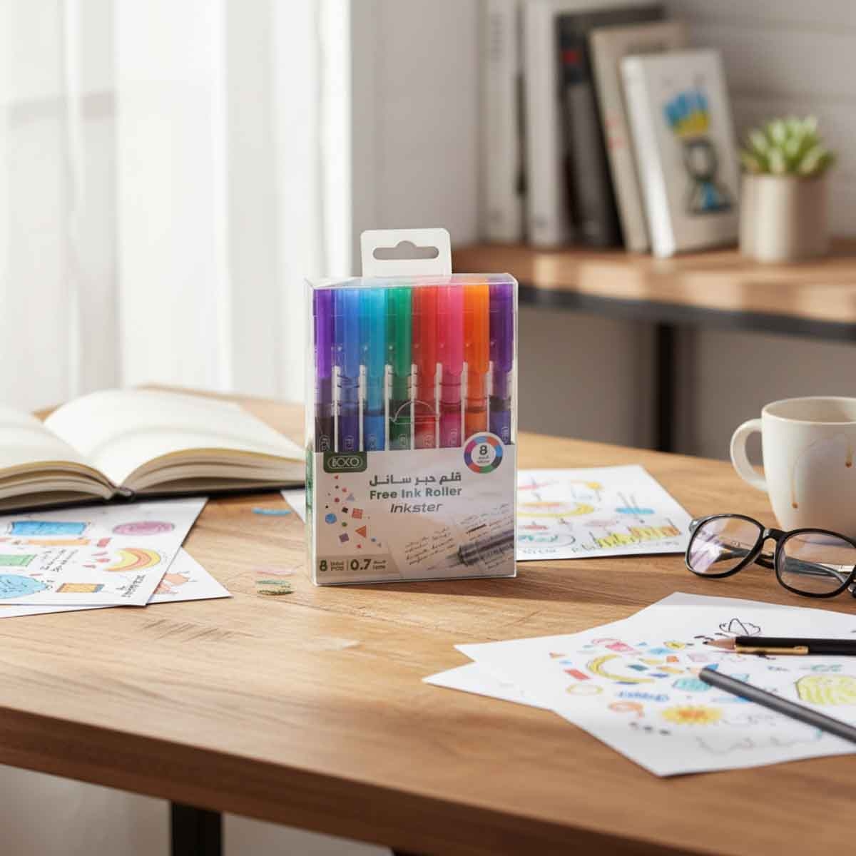 Roco 8-Piece 0.7mm Needle Tip Inkster Assorted Colors Liquid Ink Pen Set