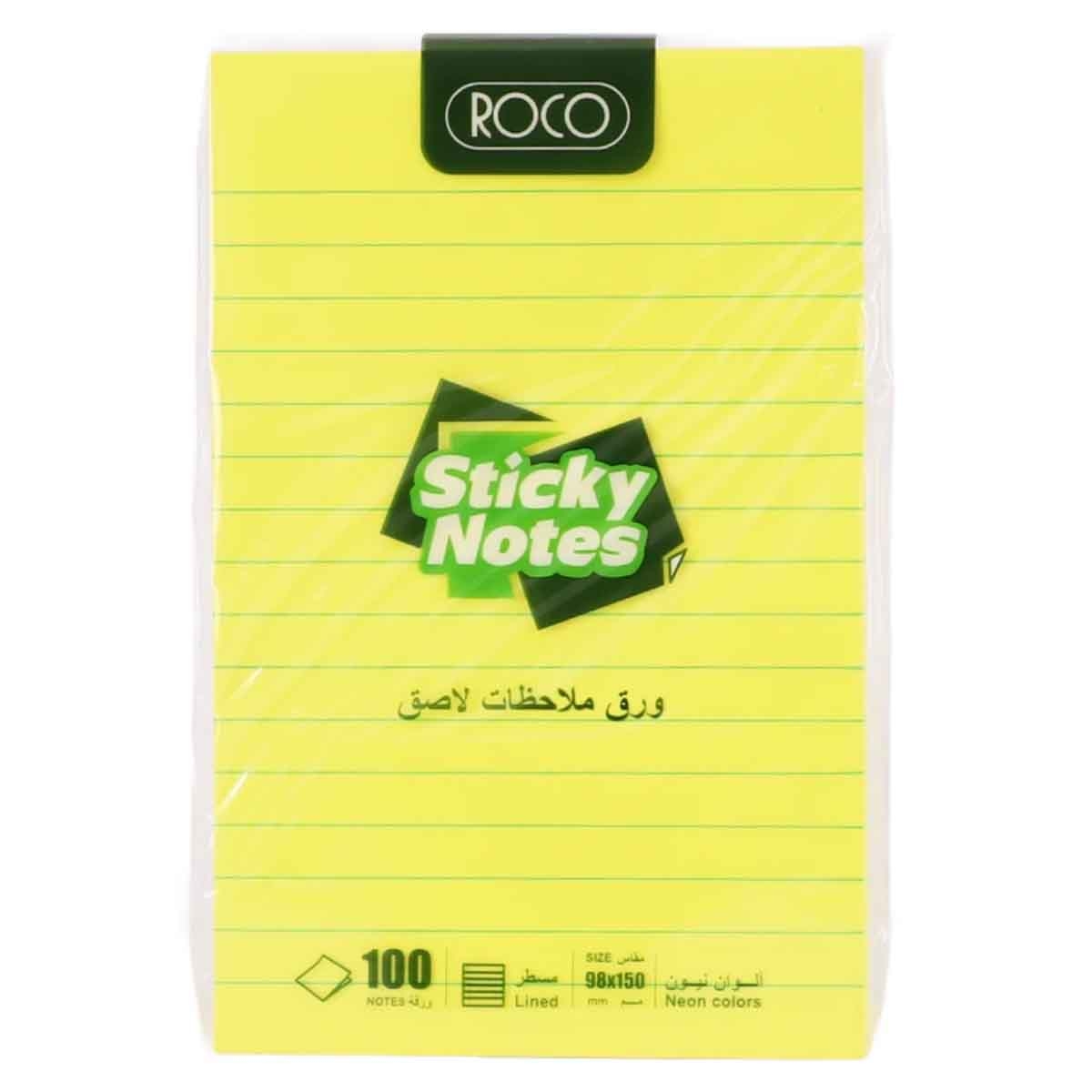 Roco Neon 100-Piece 3.85" x 5.9" Lined Self Stick Notes Pack