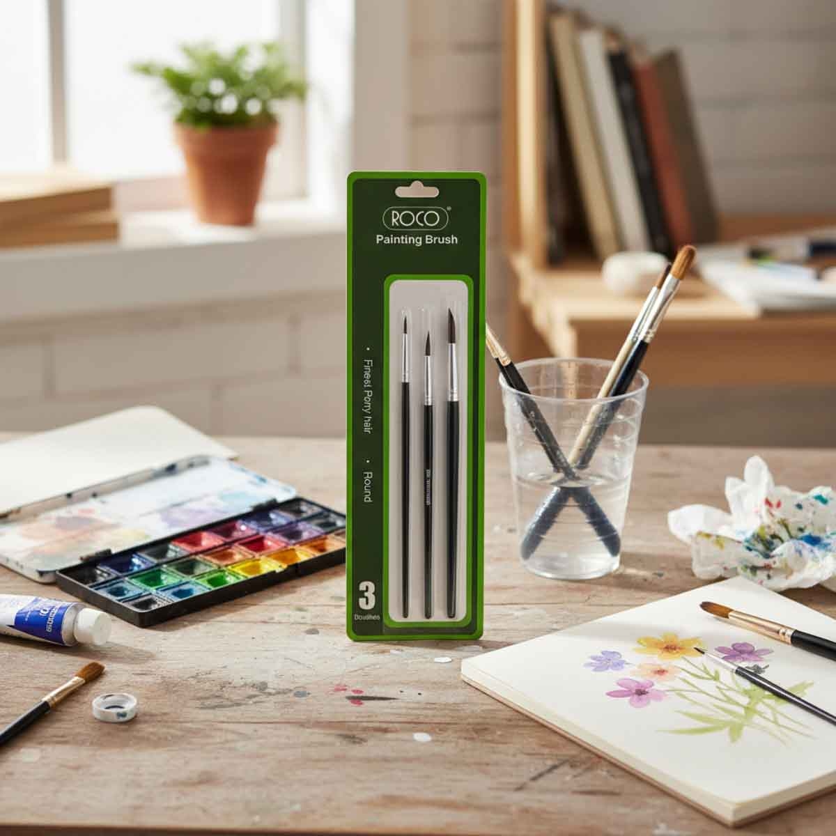Roco 3-Piece Round Long Handle Goat Hair Watercolor Artist Brush Set