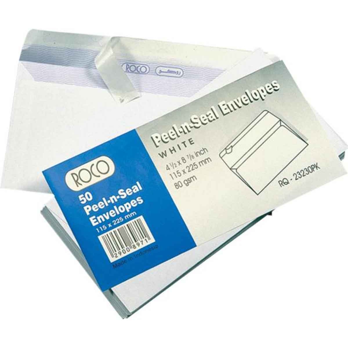 Roco White 8.85" x 4.52" Peel-n-Seal Paper Adhesive Envelopes