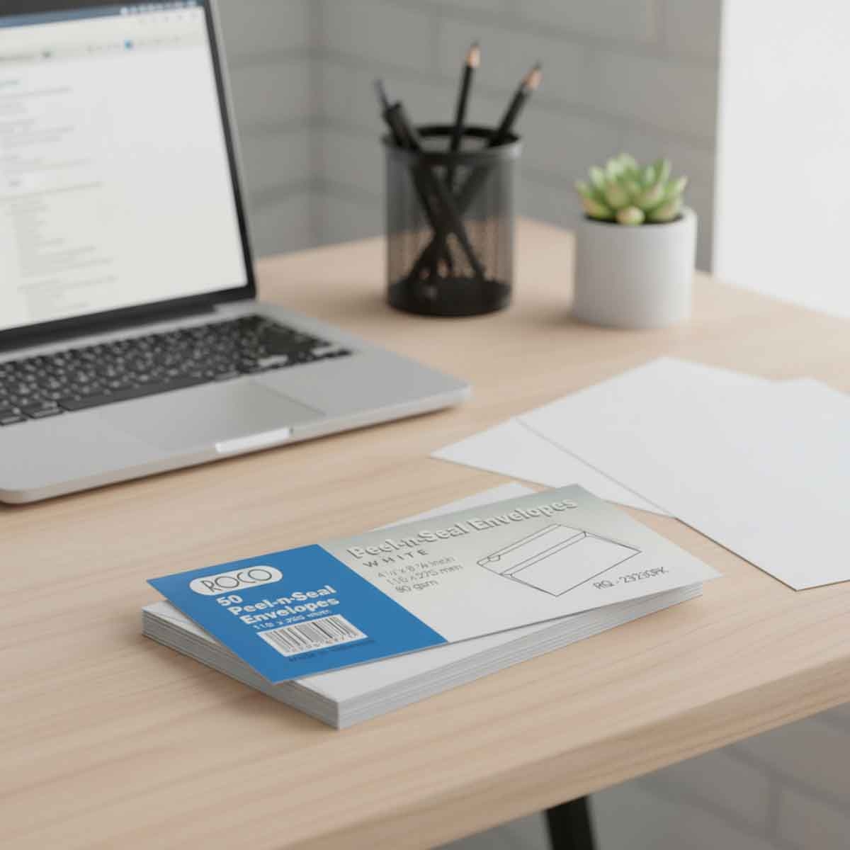 Roco White 8.85" x 4.52" Peel-n-Seal Paper Adhesive Envelopes
